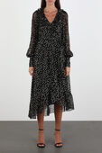 תמונת דוגמן קידמית של Wrap Silk Dots Midi Dress in Black