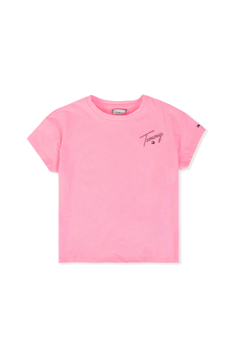 גילאי 8-16 חולצת טי ורודה עם לוגו חתימת המעצב TOMMY HILFIGER KIDS