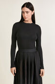 תמונת דוגמן קידמית של Wundermost Ribbed Wool Crewneck Long-Sleeve Bodysuit