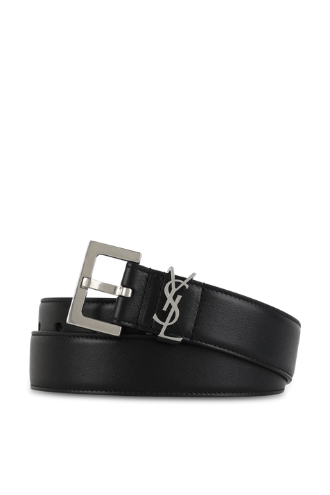 חגורת עור שחורה עם אבזם מונוגרמי מוכסף SAINT LAURENT