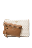 תמונת תקריב של Slater Large Logo White and Leather 2-in-1 Wristlet