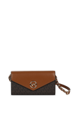 תמונה קידמית של Jet Set Charm Three-Tone Logo Crossbody Bag in Brown and White
