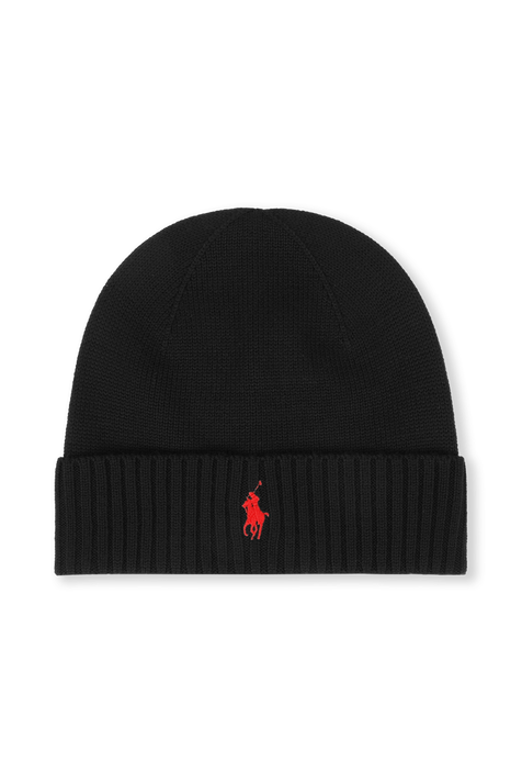 Merino Wool Logo Hat in Black POLO RALPH LAUREN