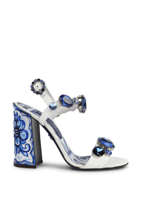 סנדלי עקב מעור עם אבני חן והדפס מיולקה DOLCE & GABBANA