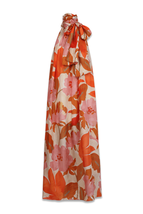 Printed-Silk Maxi Dress With Tie Neck in Multicolor BOSS
