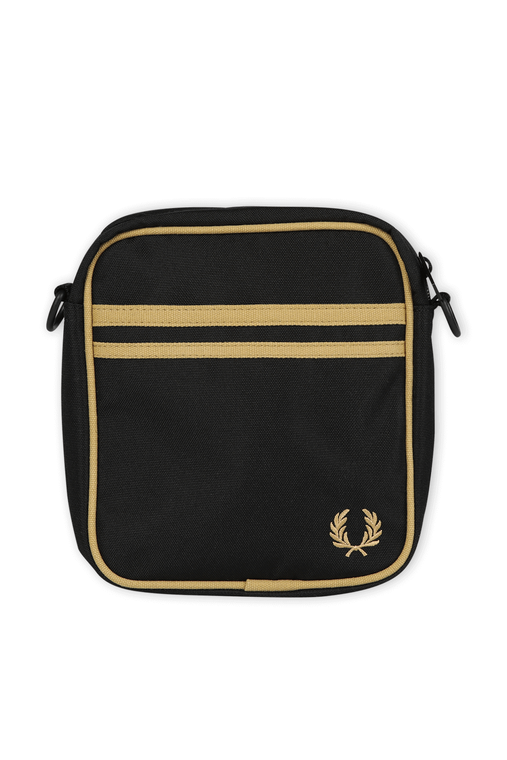 תמונה קידמית של תיק צד בגווני שחור וזהב FRED PERRY