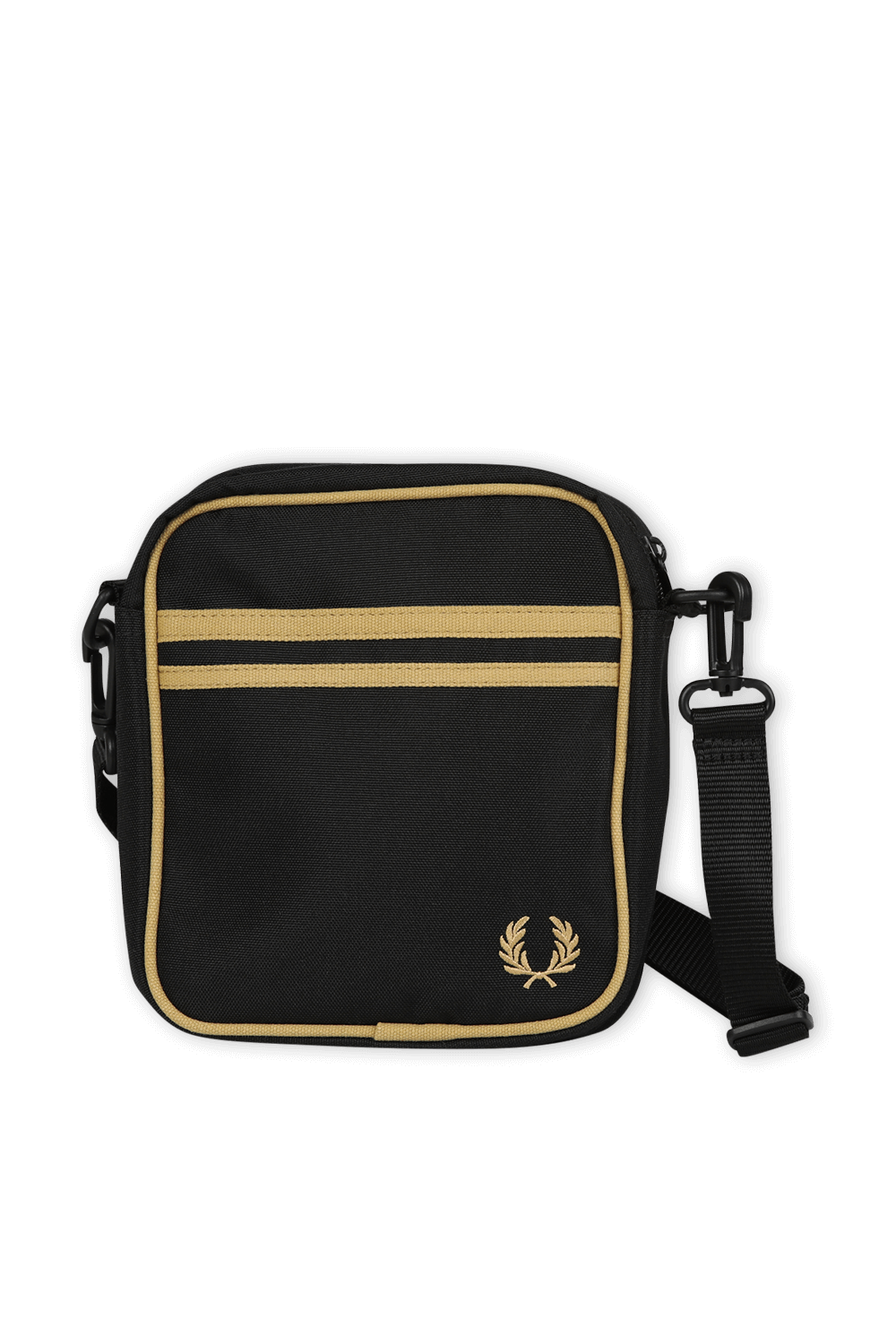 תמונה אחורית של תיק צד בגווני שחור וזהב FRED PERRY