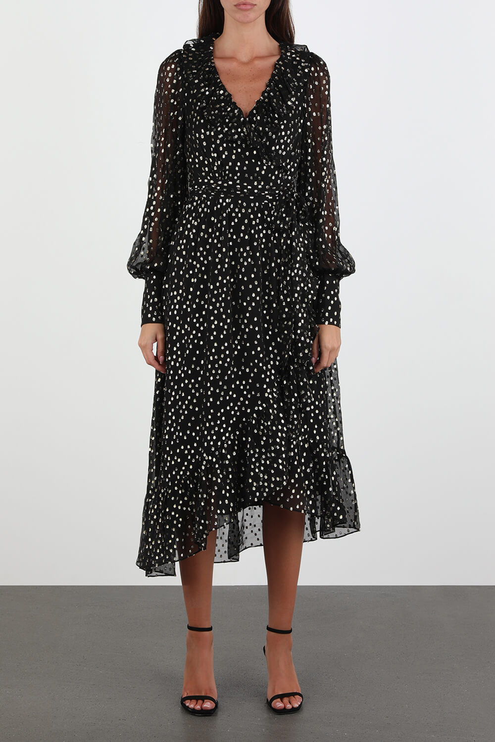 תמונת דוגמן קידמית של Wrap Silk Dots Midi Dress in Black