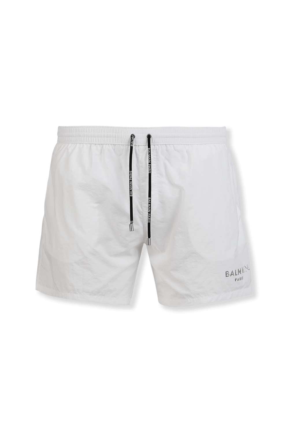 תמונה קידמית של Metallic Logo Swim Shorts in White BALMAIN