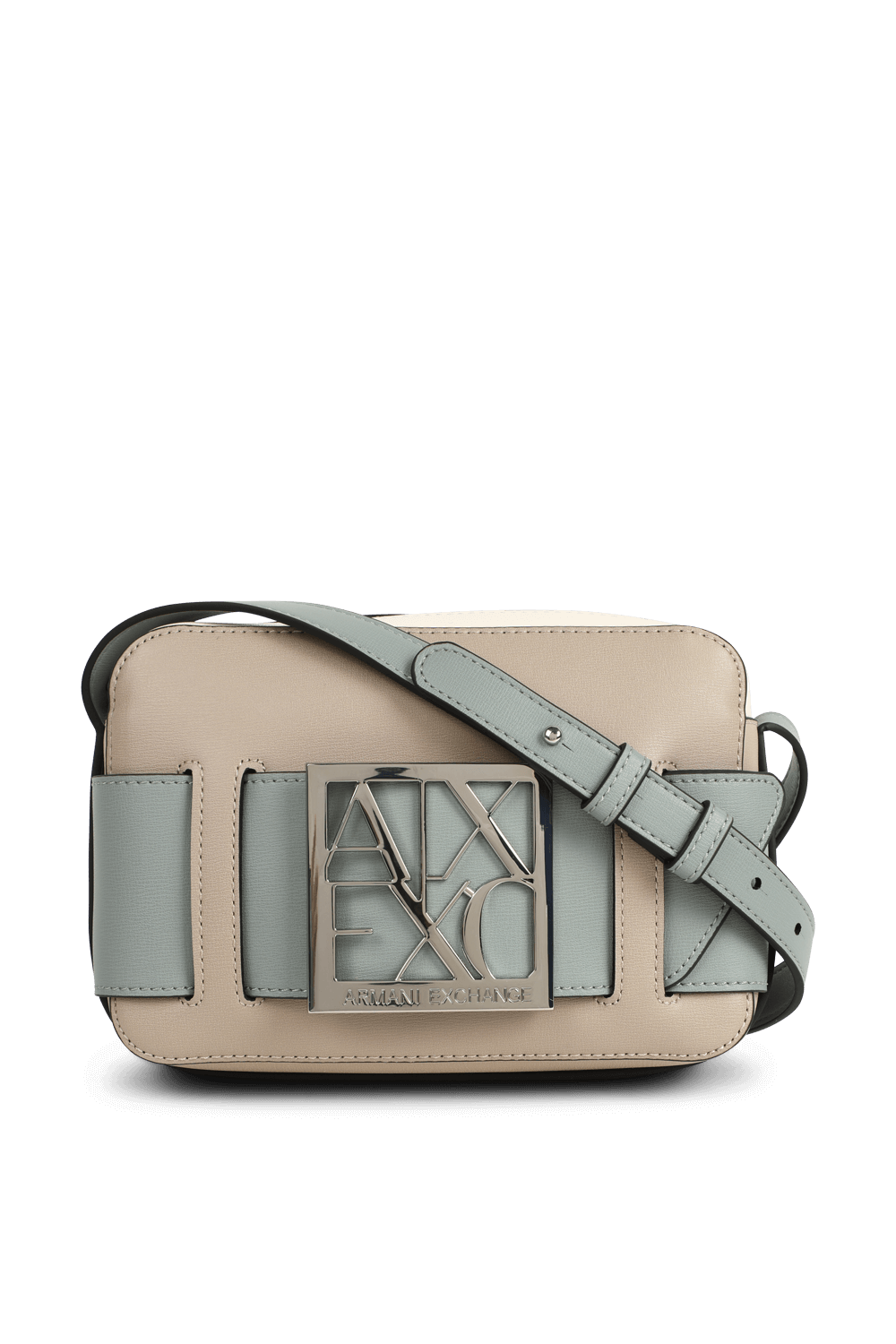 תמונה קידמית של תיק צד קאמרה עם לוגו מטאלי ARMANI EXCHANGE