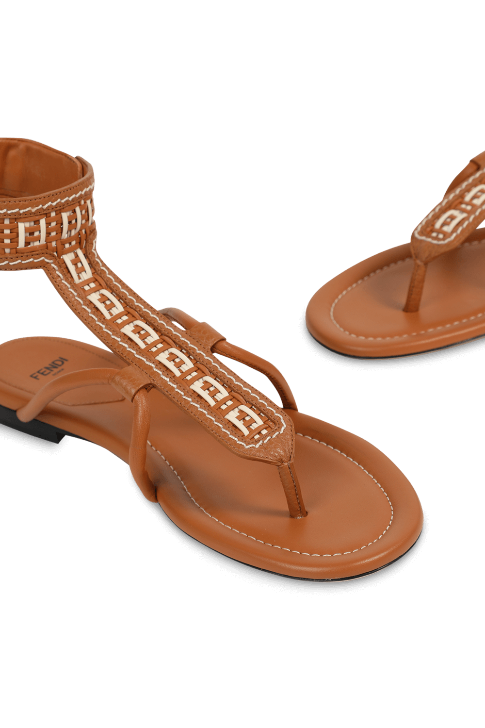 תמונת תקריב של FF Woven Strap Sandals in Brown FENDI