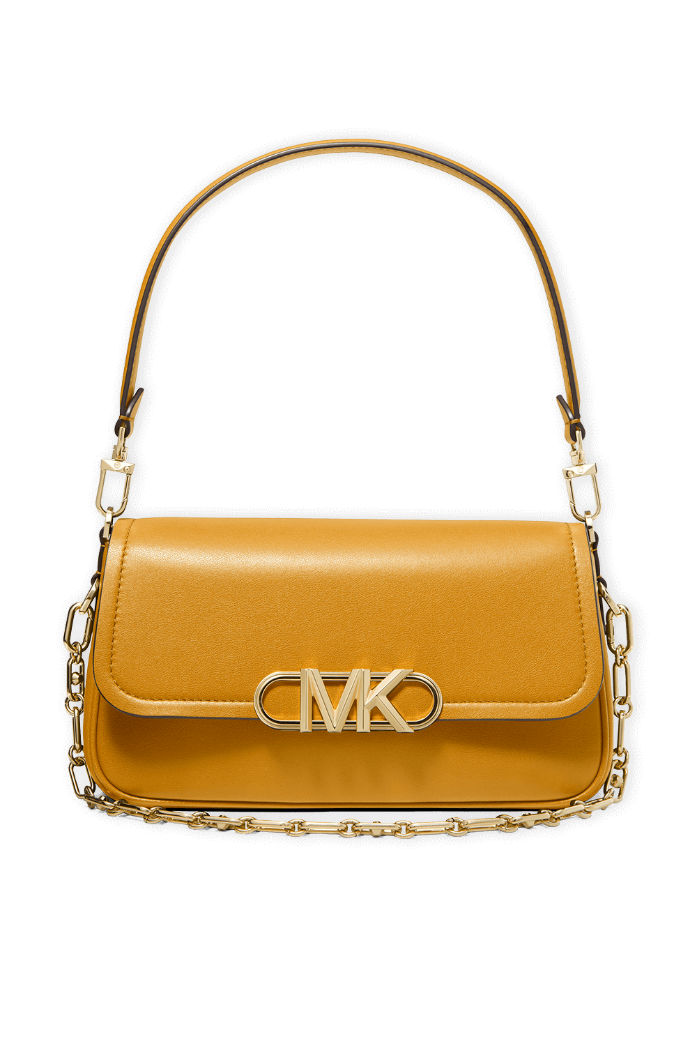 תמונה קידמית של תיק כתף מעור עם שרשרת זהובה MICHAEL KORS