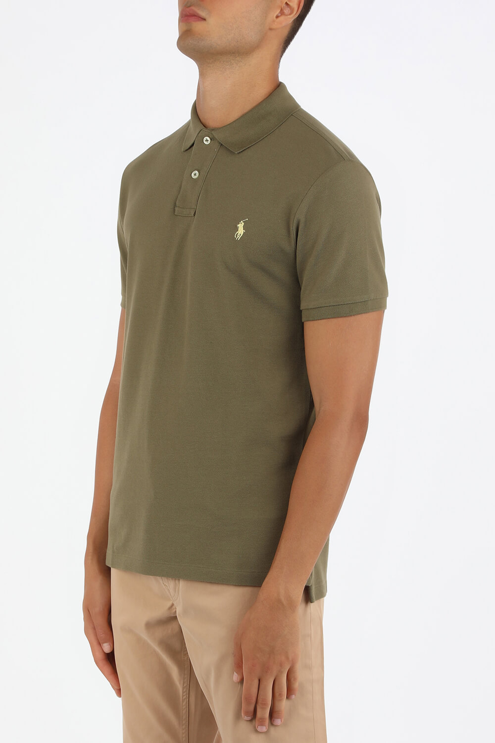 תמונת דוגמן קידמית של Short Sleeve Knit Polo Shirt in Olive Green