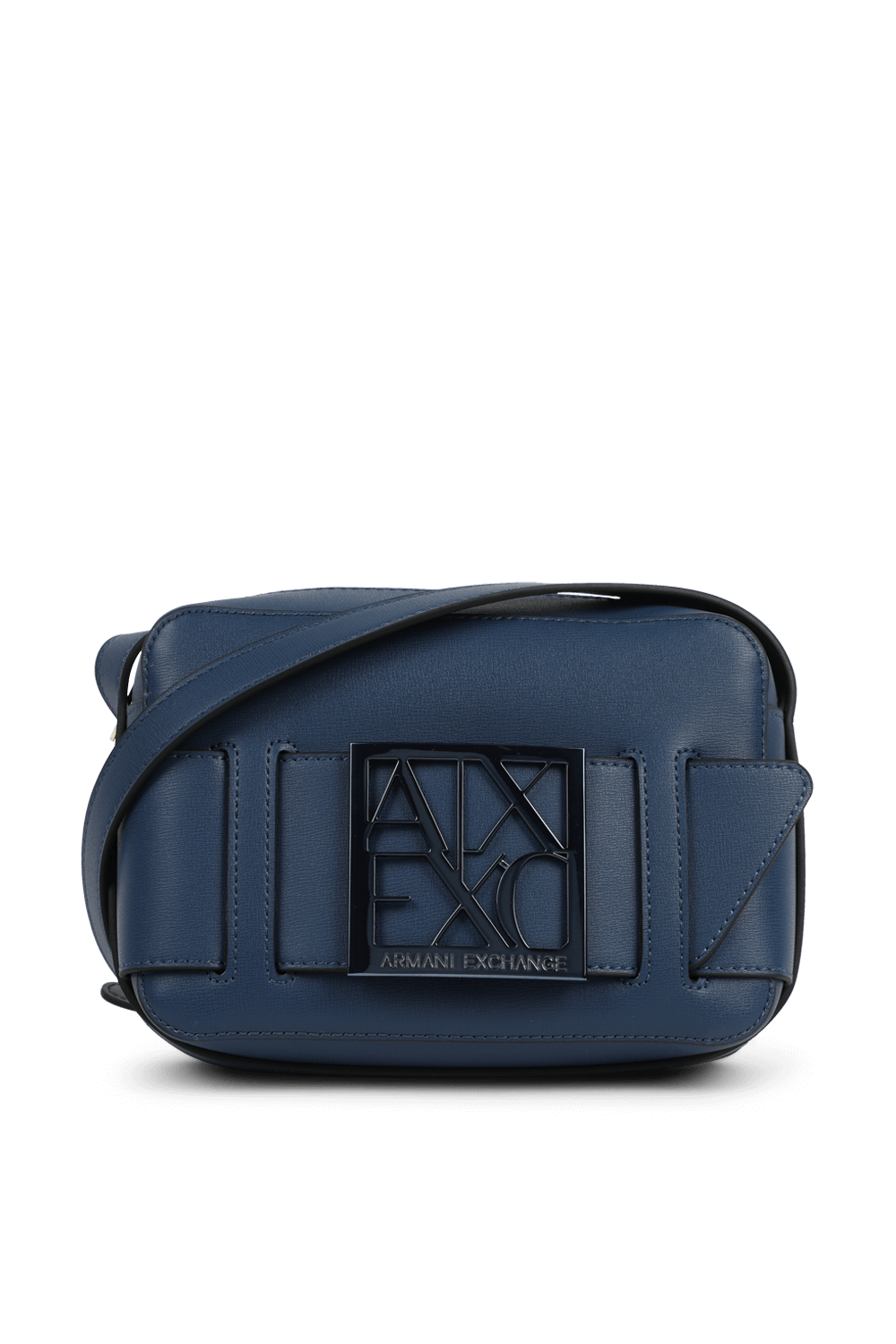 תמונה קידמית של תיק מסנג'ר כחול עם רצועת לוגו ARMANI EXCHANGE
