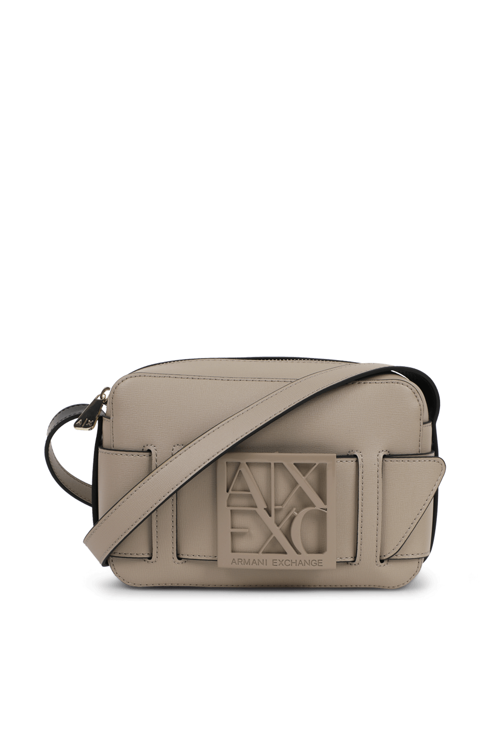 תמונה קידמית של תיק מסנג'ר בז' עם רצועת לוגו ARMANI EXCHANGE