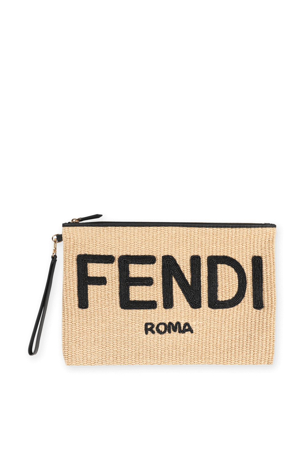 תמונה קידמית של Woven Raffia Clutch Bag in Beige and Black FENDI