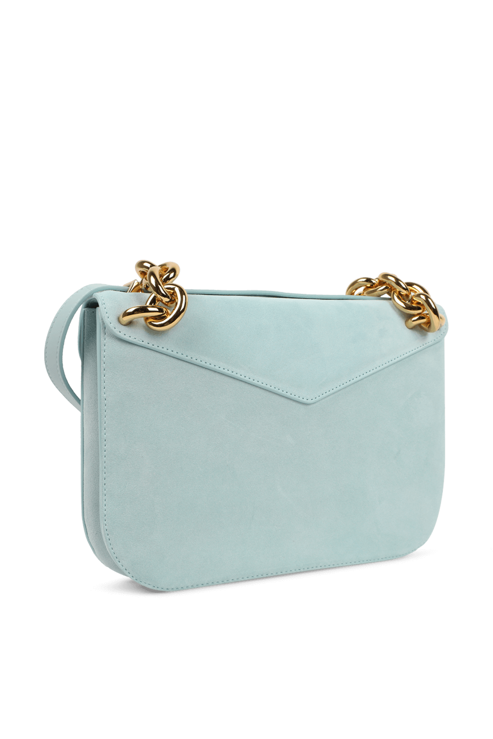 תמונה אחורית של תיק מעטפה תכלת עם שרשרת זהב BOTTEGA VENETA