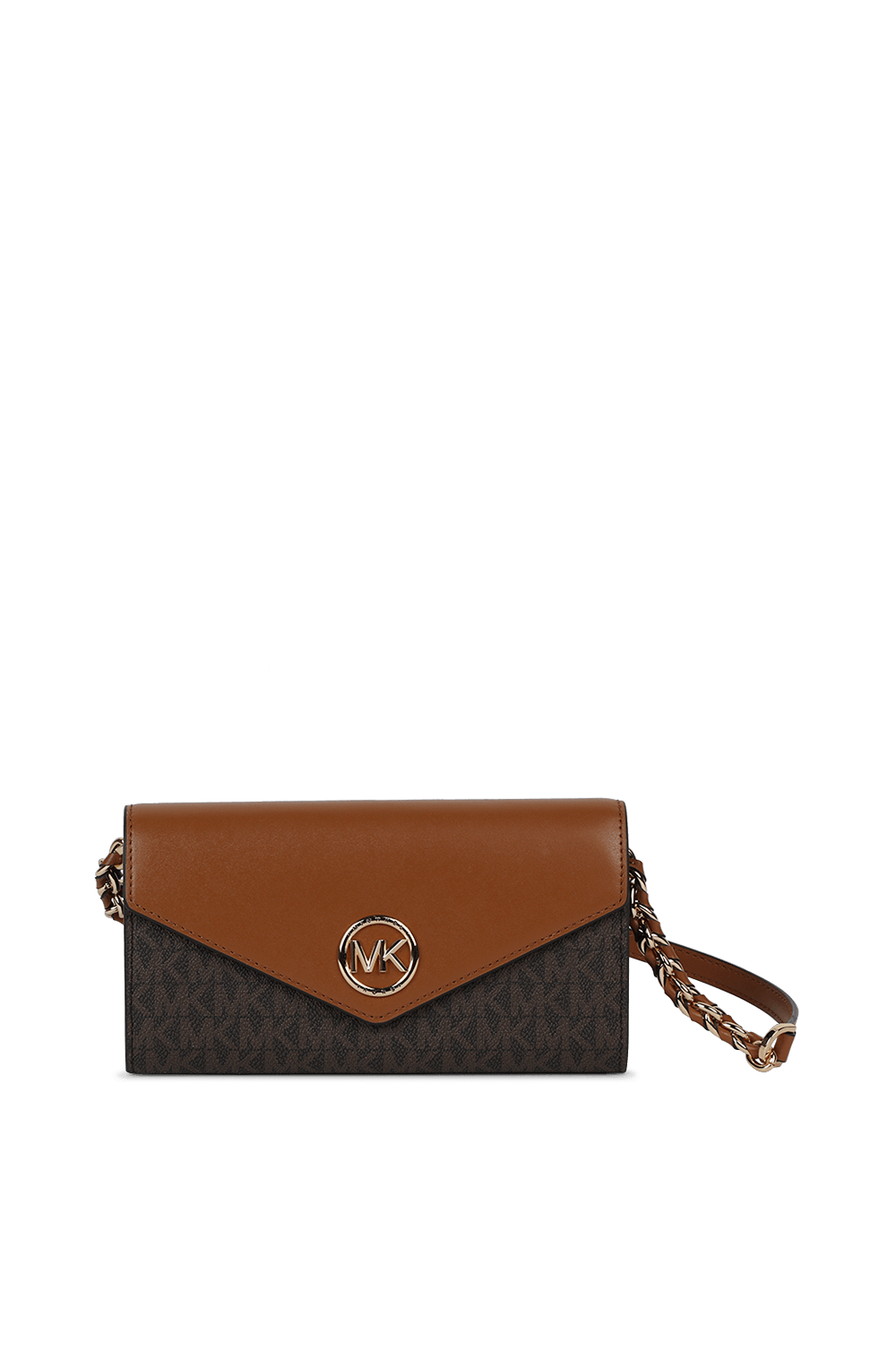 תמונה קידמית של Jet Set Charm Three-Tone Logo Crossbody Bag in Brown and White