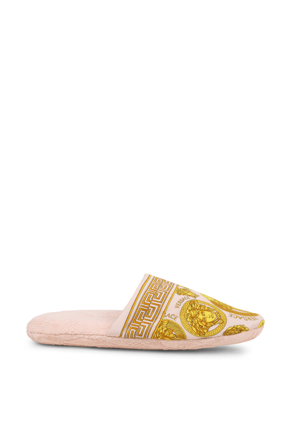 תמונה קידמית של נעלי בית ורודות עם הדפס בארוק VERSACE