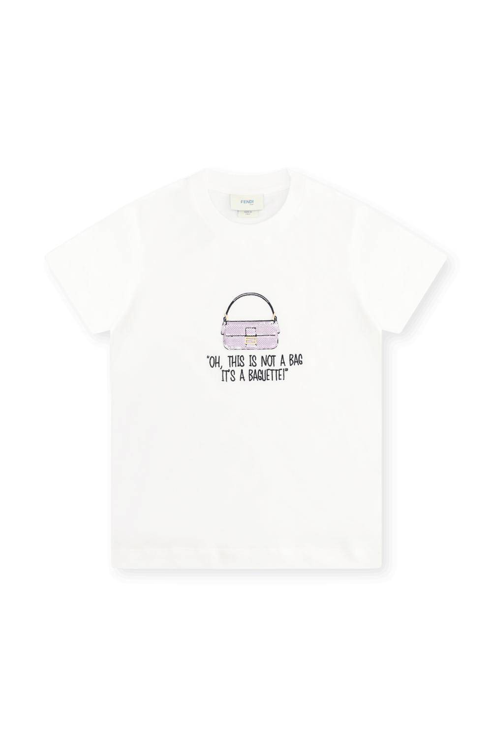תמונה קידמית של חולצת טי עם רקמת תיק באגט FENDI KIDS