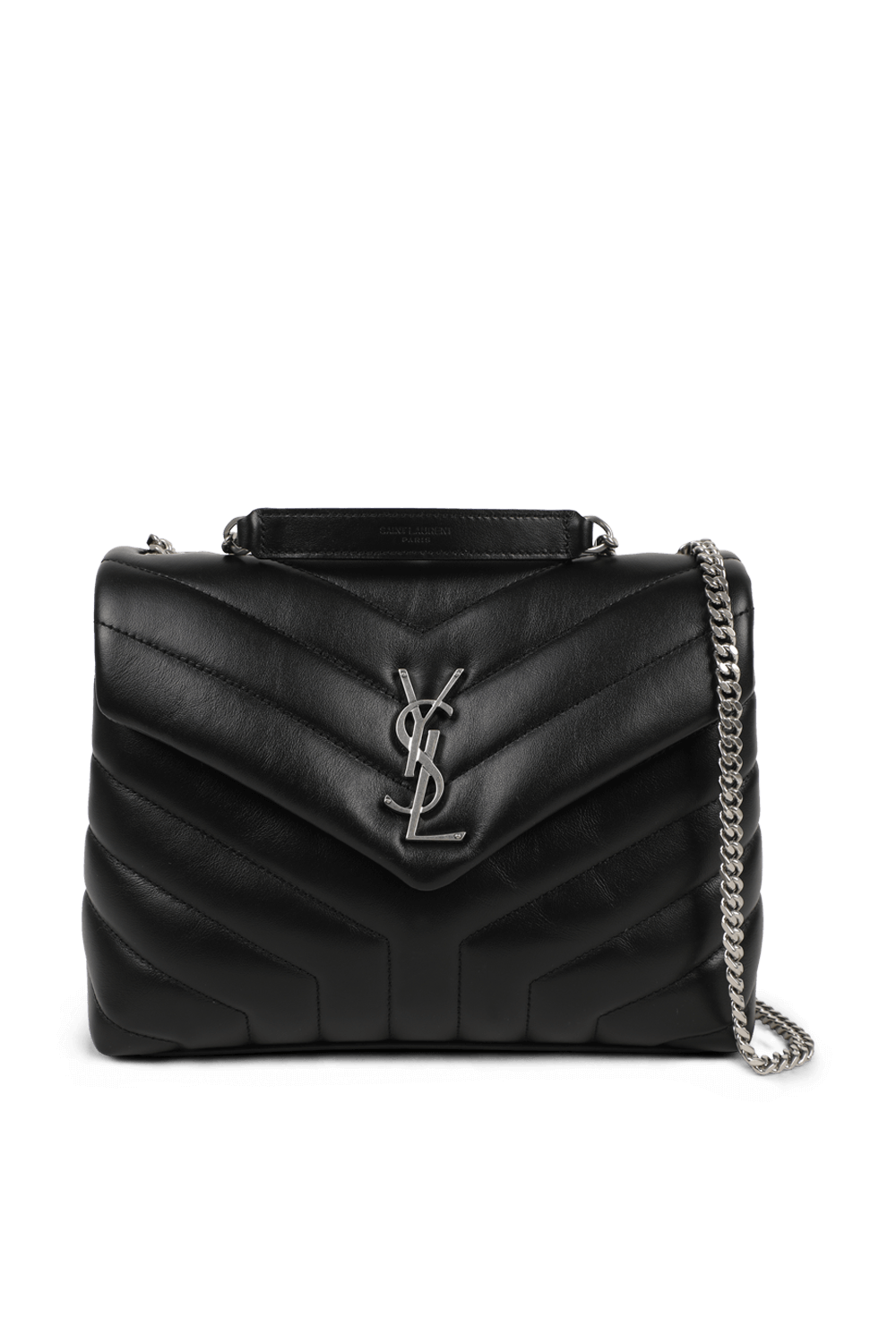תמונה קידמית של תיק לולו שחור מעור עם לוגו SAINT LAURENT
