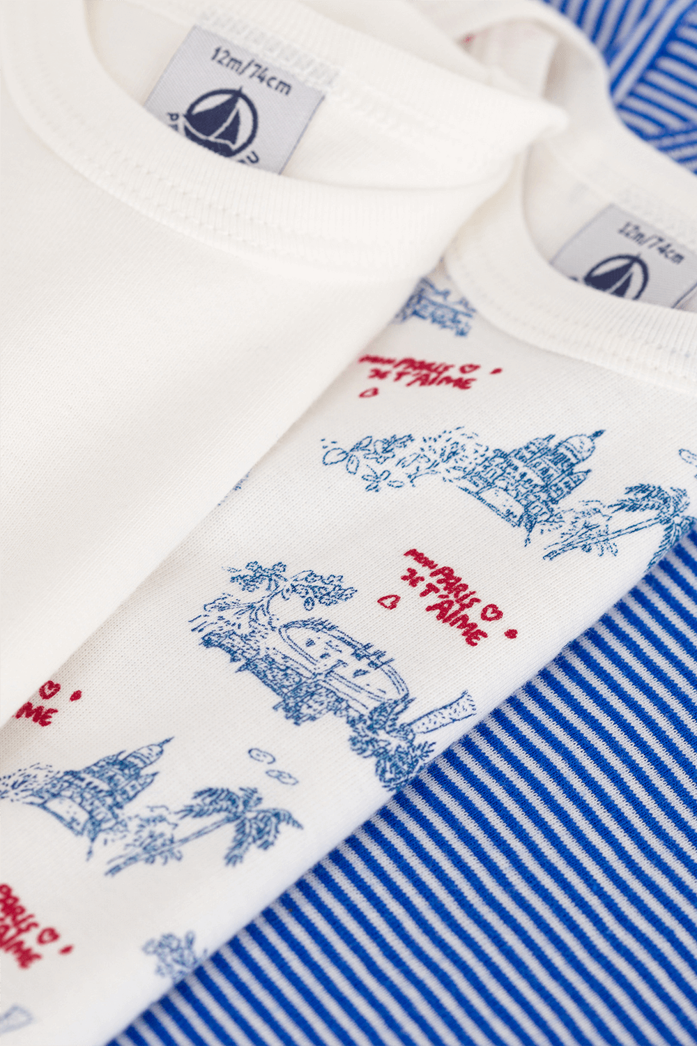 תמונת תקריב של מארז שלושה בגדי גוף PETIT BATEAU