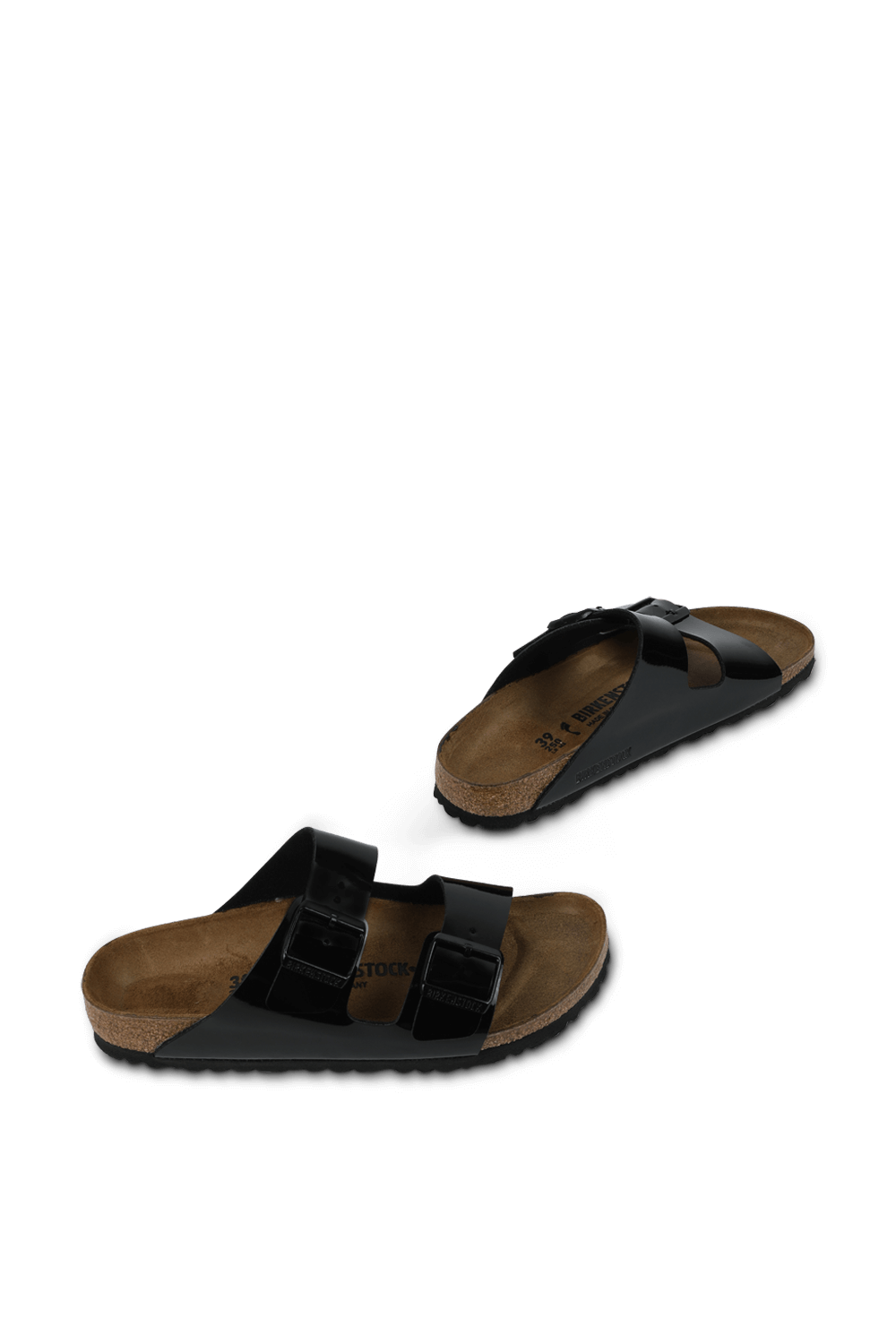 תמונת תקריב של כפכפי אריזונה מעור שחור עם לקה BIRKENSTOCK