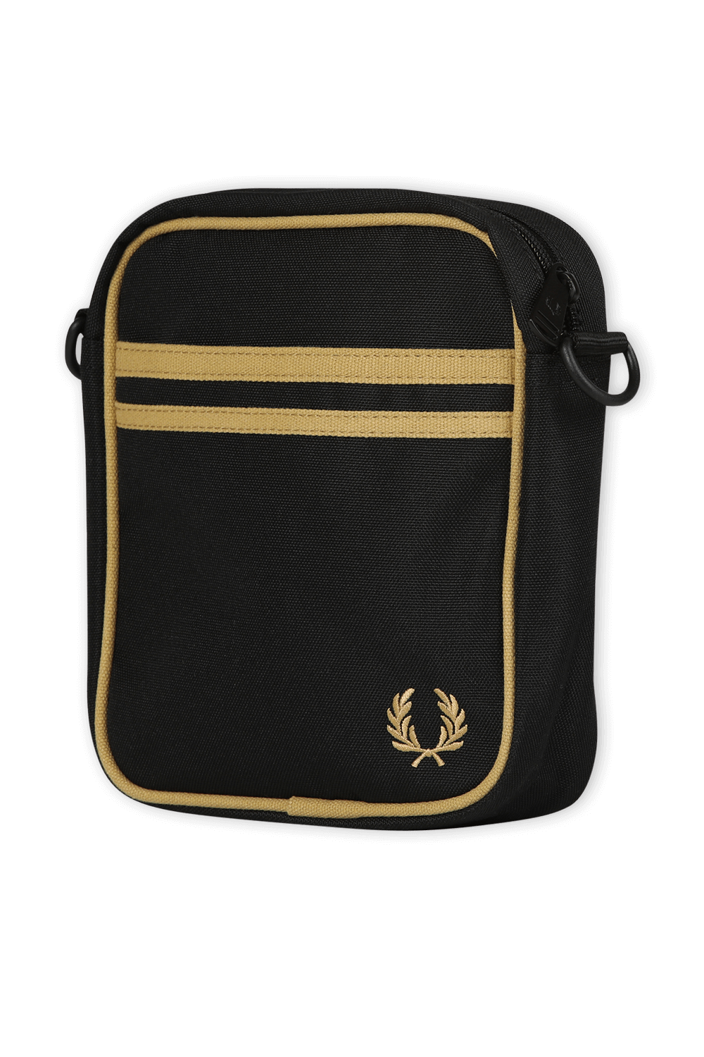 תמונת תקריב של תיק צד בגווני שחור וזהב FRED PERRY