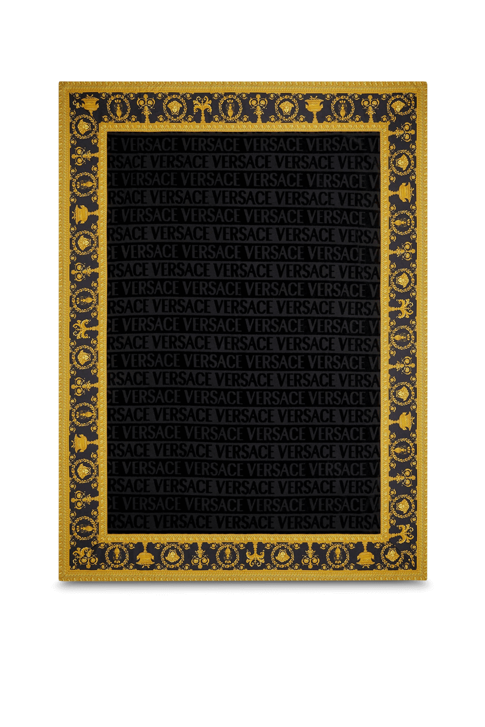 תמונת תקריב של מגבת שחורה עם לוגו והדפס בארוק VERSACE